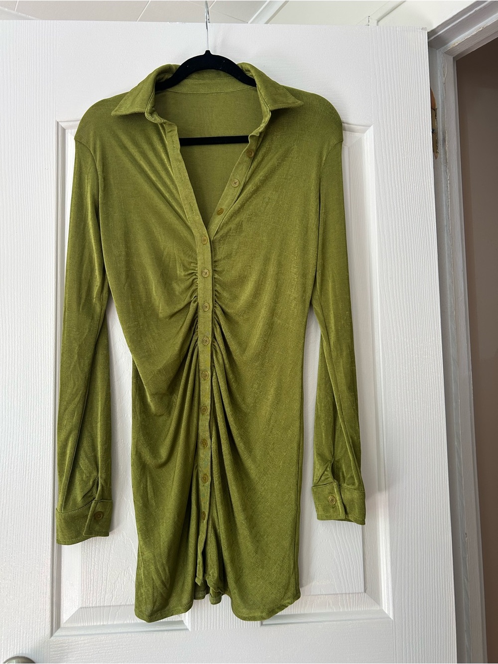 Ruched Front Mini Shirt Dress - Olive Green